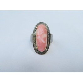 Natural Rhodochrosite And Diamond Ring, Diamond Engagement Ring, 925 Sterling Silver Ring, Victorian Ring, Solitaire Ring, US Size 6
